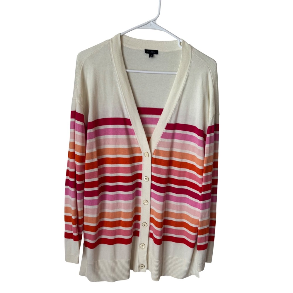 Talbots Womens Medium Ivory Pink Orange Striped V-Neck Button Front Cardigan